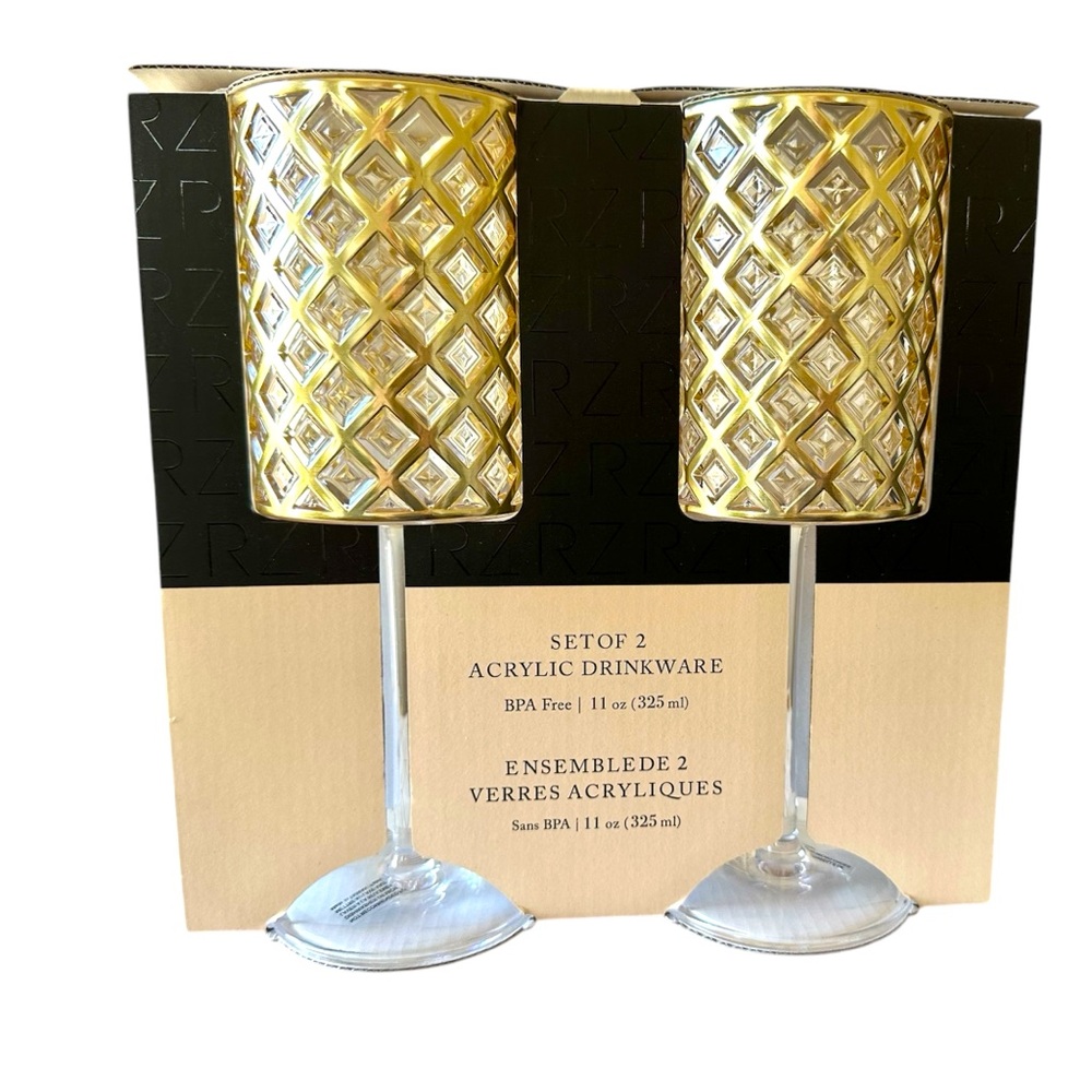 Rachel Zoe Acrylic Wine Glass Set Gold Accents NEW IN PACKAGING